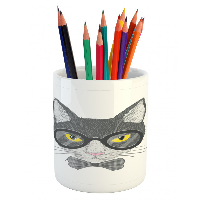 Greyscale Cat with Bowtie Pencil Pen Holder