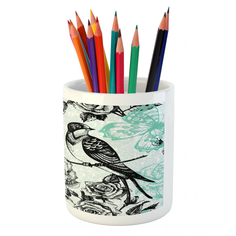 Mockingbird on Rose Tree Pencil Pen Holder