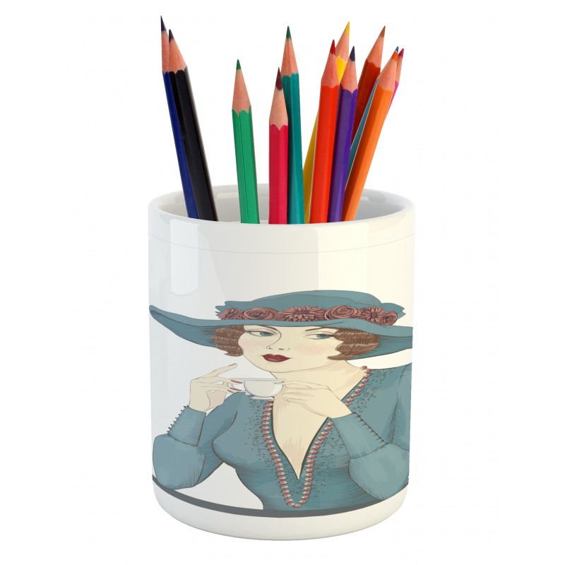 Woman at Cafe Pencil Pen Holder