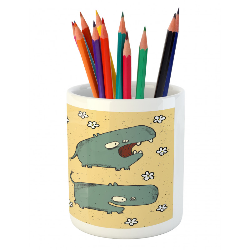 Comic Hippo Floral Grungy Pencil Pen Holder