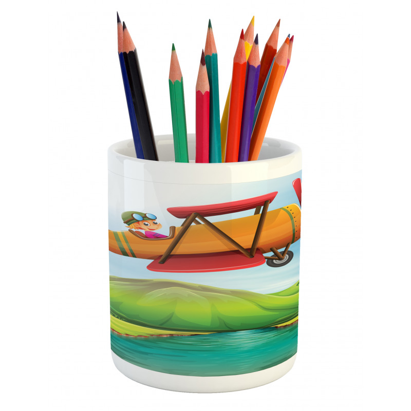 Kid on a Biplane River Pencil Pen Holder