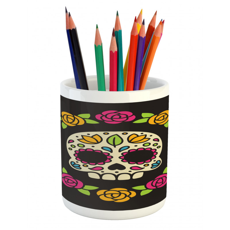 Floral Wreath Skull Pencil Pen Holder