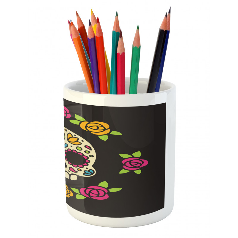 Floral Wreath Skull Pencil Pen Holder