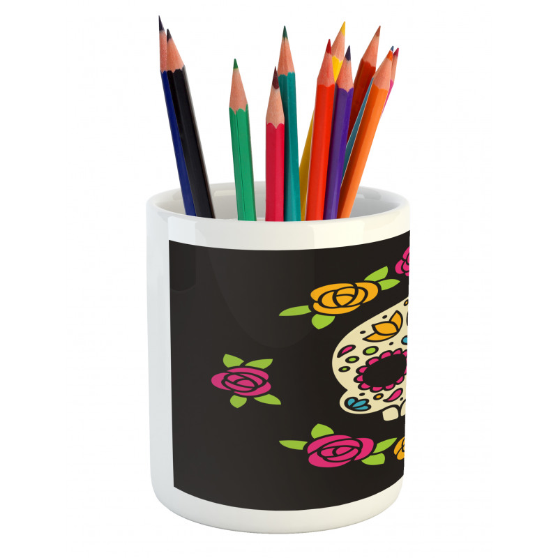 Floral Wreath Skull Pencil Pen Holder