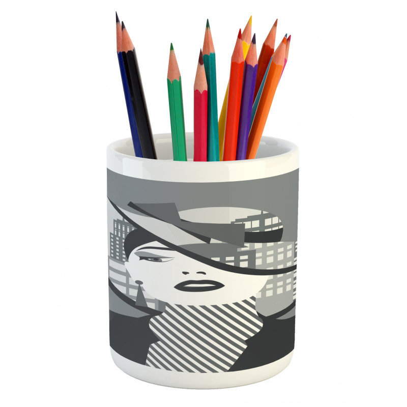 City Silhouette and Lady Art Pencil Pen Holder