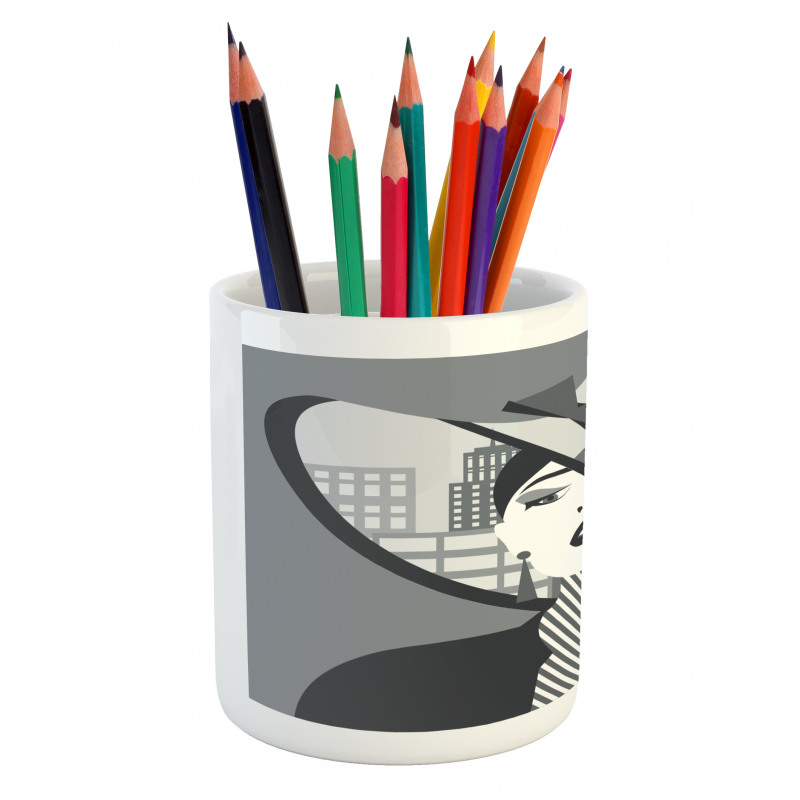 City Silhouette and Lady Art Pencil Pen Holder