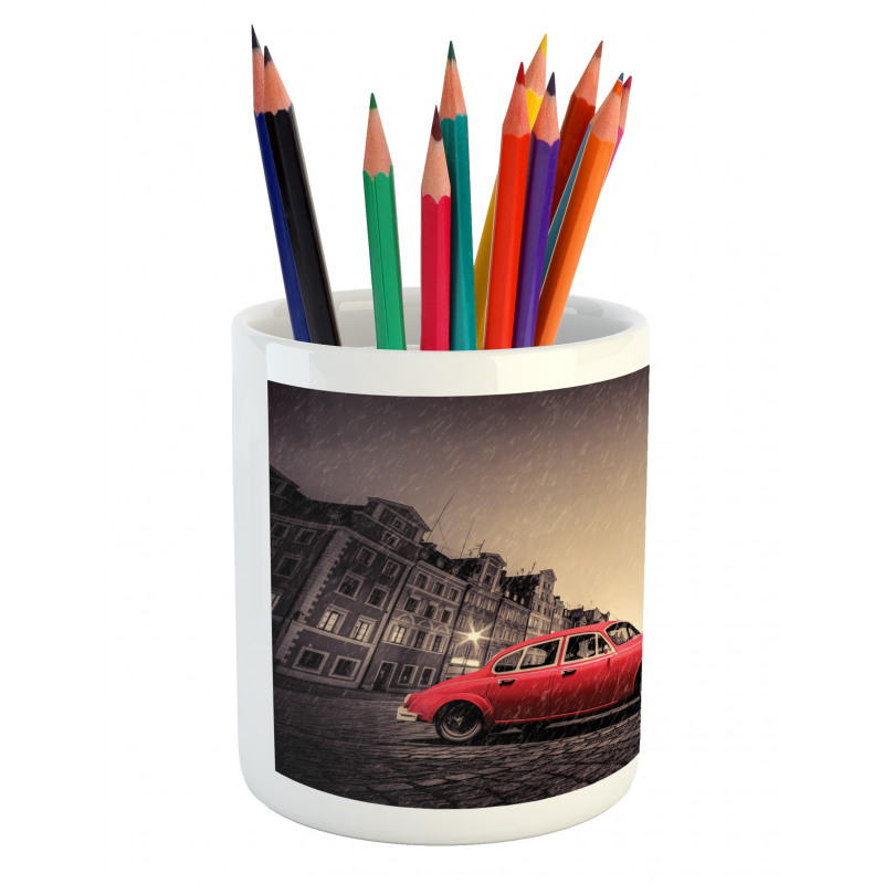 Retro Car on Cobblestone Road Pencil Pen Holder