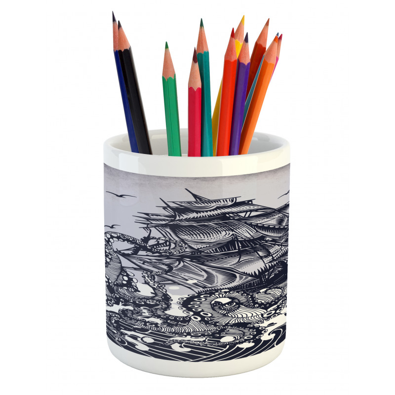 Octopus and Ship in Storm Pencil Pen Holder