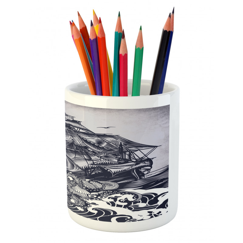 Octopus and Ship in Storm Pencil Pen Holder