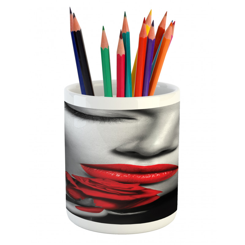 A Young Lady Holding Red Rose Pencil Pen Holder