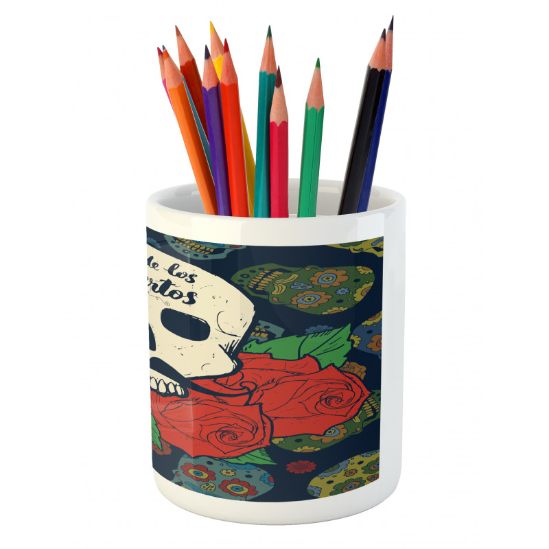 Skull with Roses Pencil Pen Holder