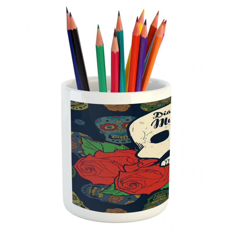 Skull with Roses Pencil Pen Holder