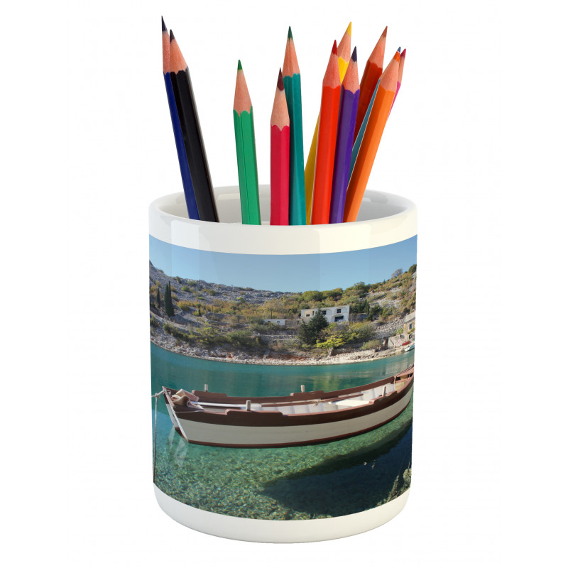 Tranquil Scene Boat on Bay Pencil Pen Holder