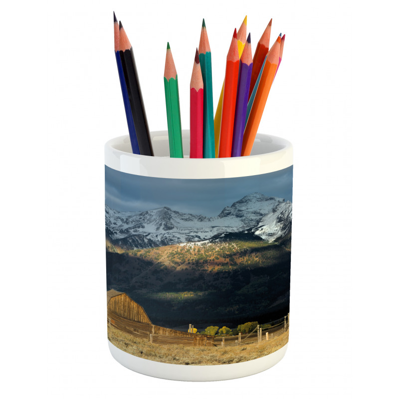 Rustic Wooden Hut Mountains Pencil Pen Holder