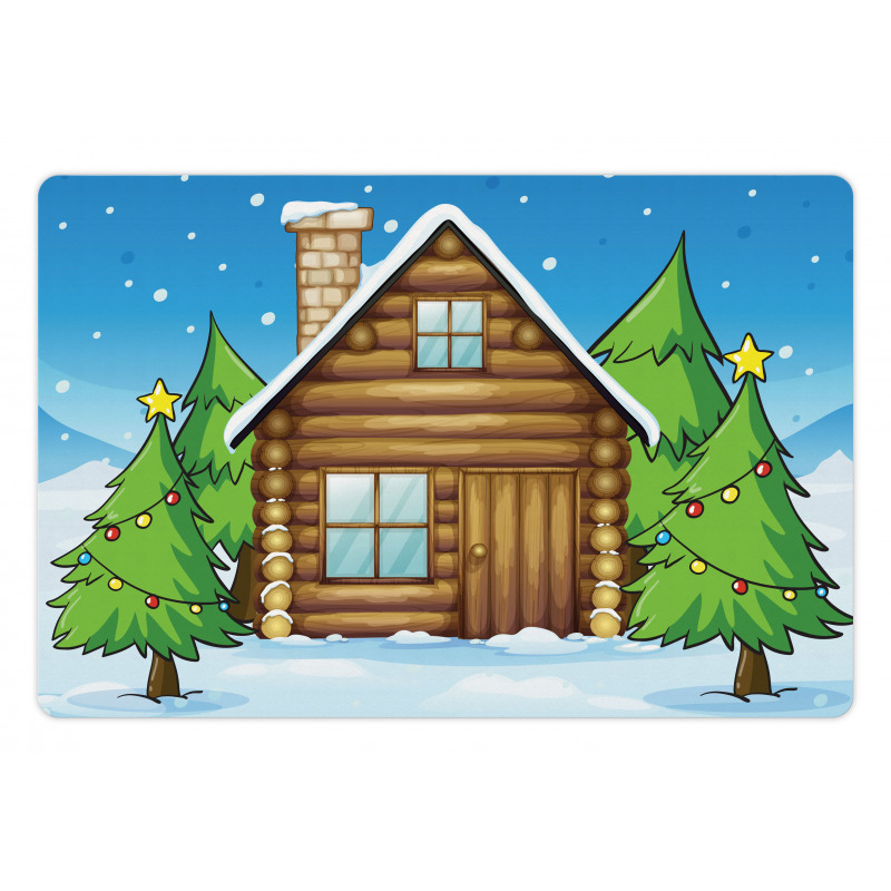 Cabin and Firs in Winter Pet Mat