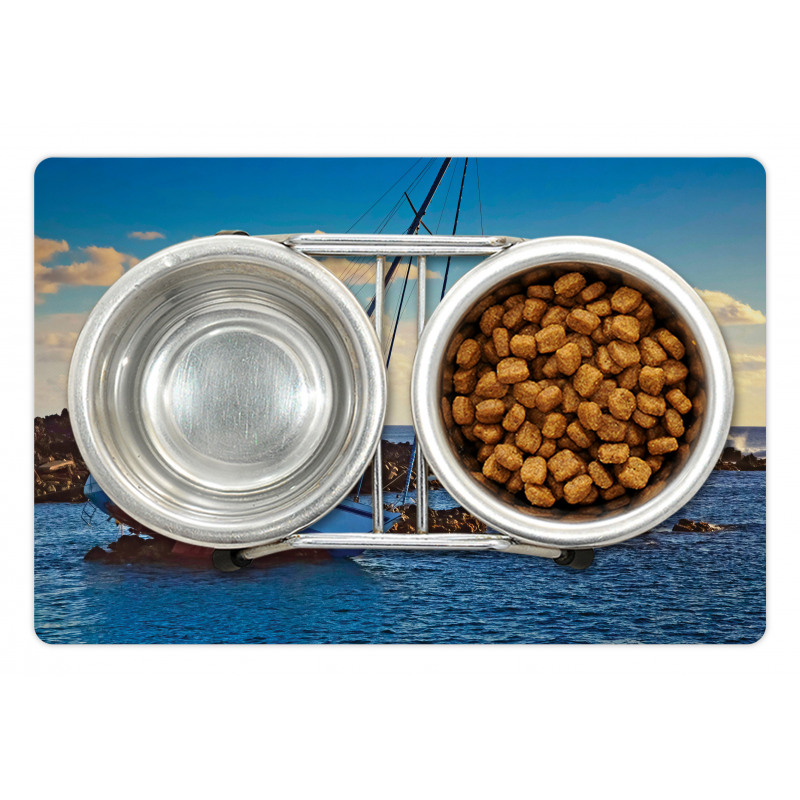 Yacht on Rocks Harbor Pet Mat