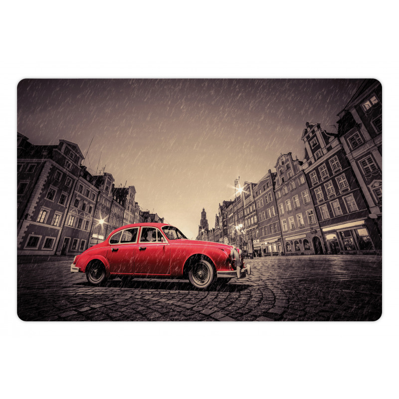 Retro Car on Cobblestone Road Pet Mat