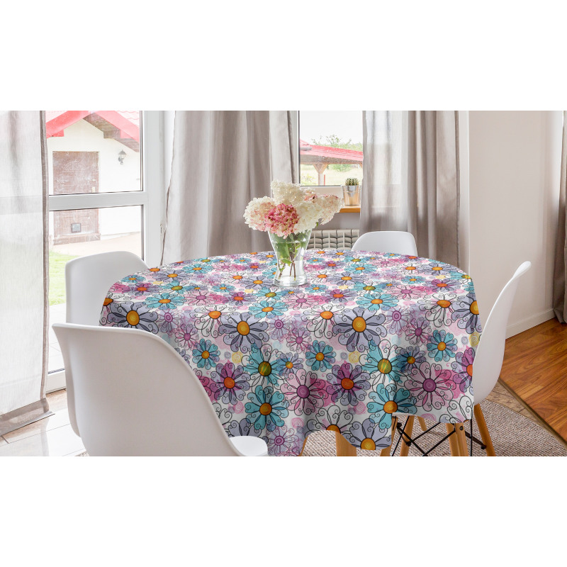 Çiçekli Yuvarlak Masa Örtüsü Rengarenk Papatya