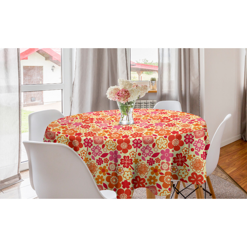 Çiçekli Yuvarlak Masa Örtüsü Rengarenk Floral Silüetler İlüstrasyonu