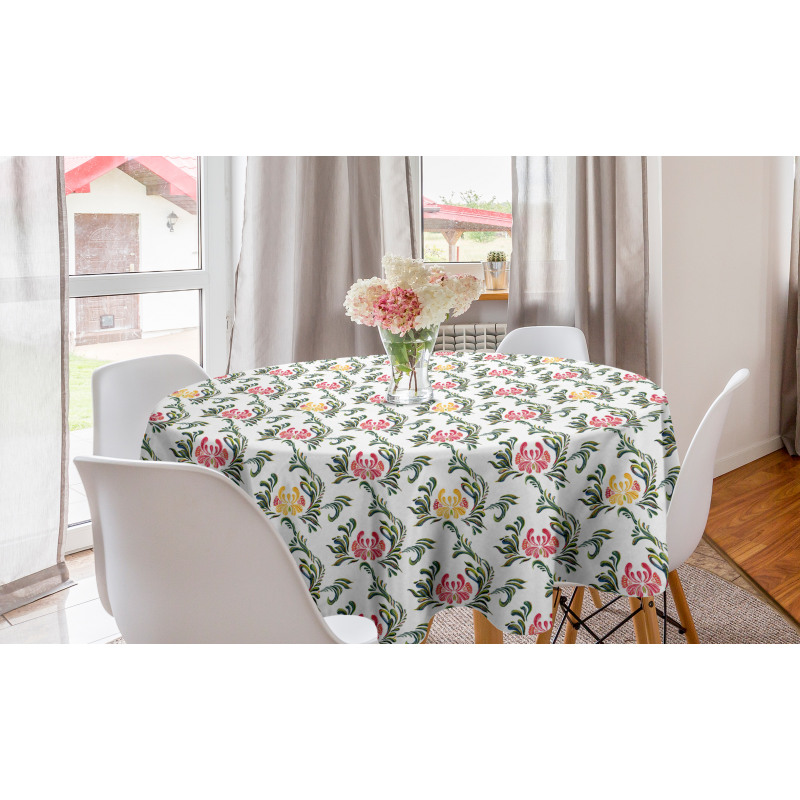 Çiçekli Yuvarlak Masa Örtüsü Vintage Dizayn Tekrarlayan Floral Motifler