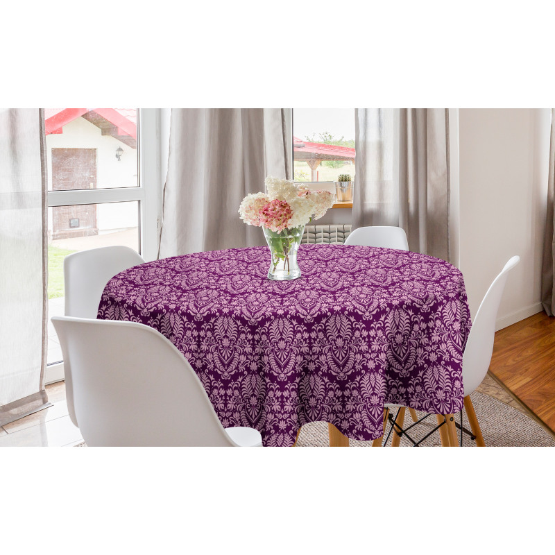 Çiçekli Yuvarlak Masa Örtüsü Soyut Floral Motif Süslemeli Damask Deseni