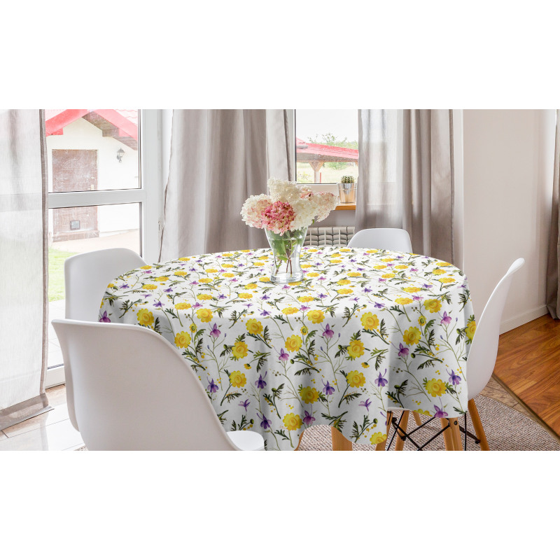 Çiçekli Yuvarlak Masa Örtüsü Vintage Stil Sarı Papatyalar ve Hezarenler
