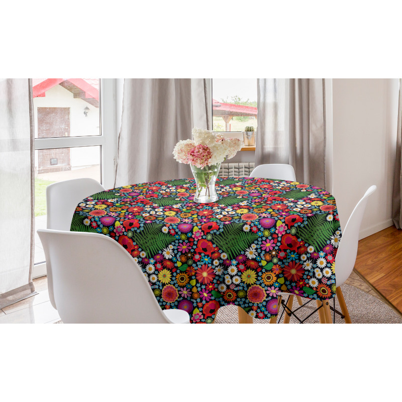 Çiçekli Yuvarlak Masa Örtüsü Rengarenk Floral Motif Dünyası ve Yapraklar