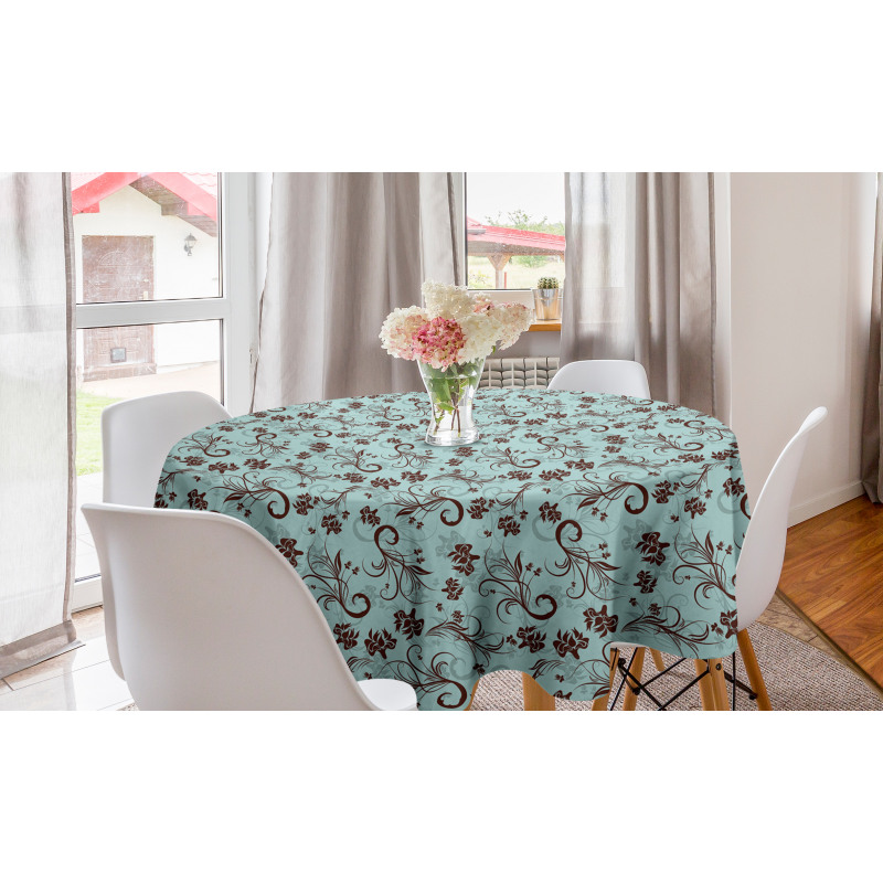 Çiçekli Yuvarlak Masa Örtüsü Vintage Dizayn Floral Motif Süslemeli Desen