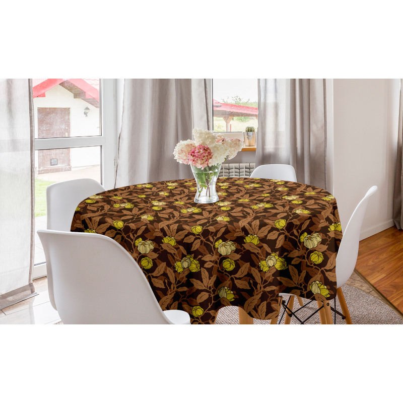 Floral Yuvarlak Masa Örtüsü Kahverengi Çiçekli Desen