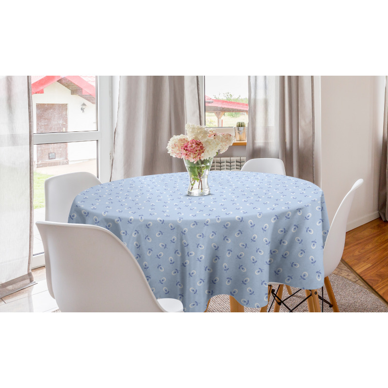 Çiçekli Yuvarlak Masa Örtüsü Mavi ve Beyaz Desenli