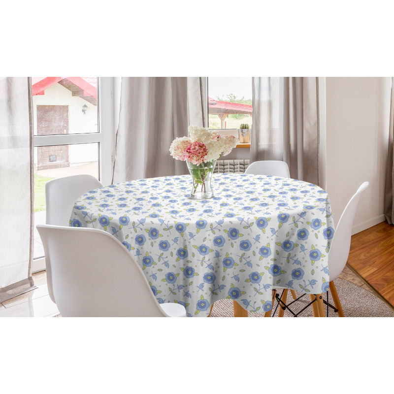 Çiçekli Yuvarlak Masa Örtüsü Mavi ve Sarı Desenli Yapraklı
