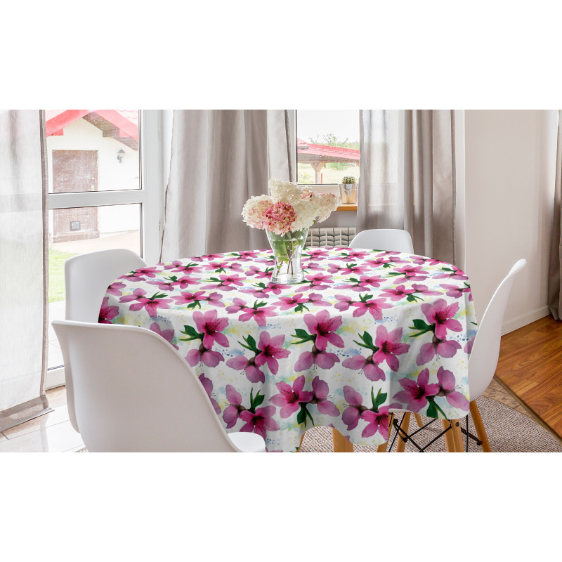 Çiçekli Yuvarlak Masa Örtüsü Pembe Kiraz Çiçeği Desenli