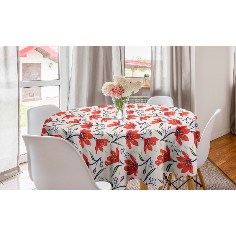 Çiçekli Yuvarlak Masa Örtüsü Kırmızı Şık Çiçekler Sanatsal