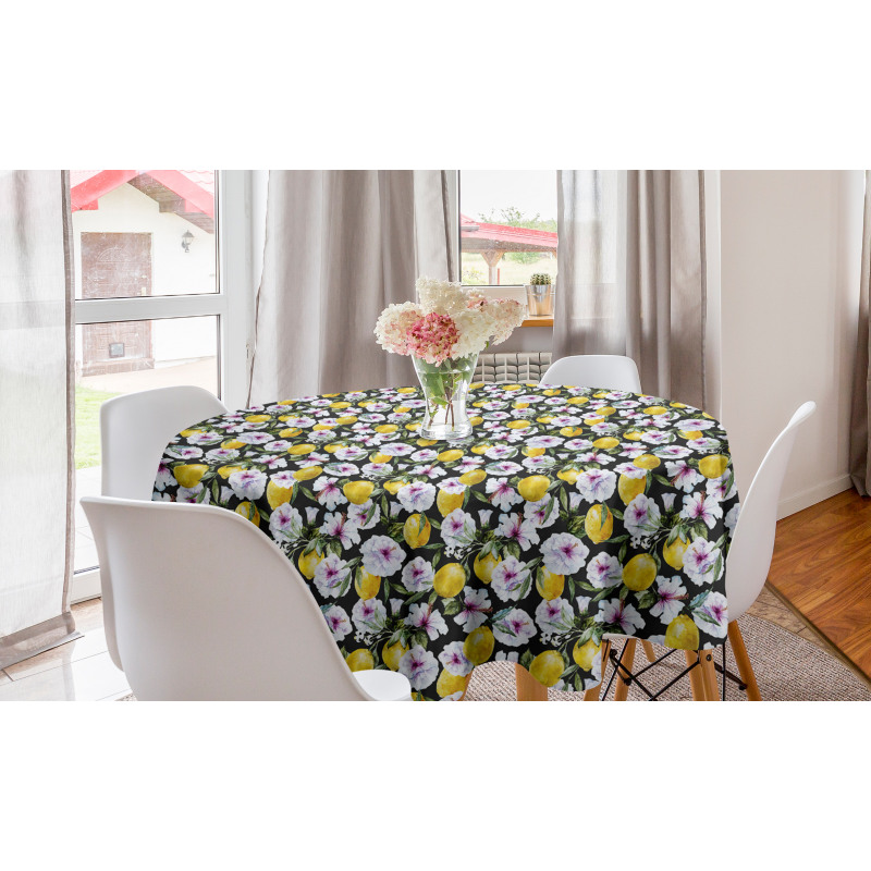 Botanik Yuvarlak Masa Örtüsü Limon ve Çiçek