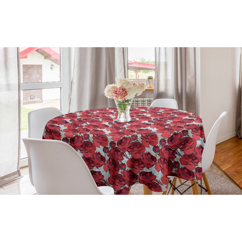 Romantik Yuvarlak Masa Örtüsü Pembe ve Bordo Güller