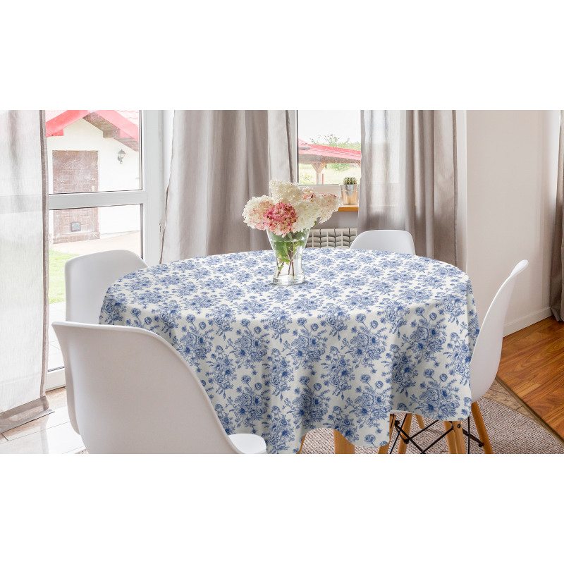 Çiçekli Yuvarlak Masa Örtüsü Mavi Gül Desenli Stil Vintage