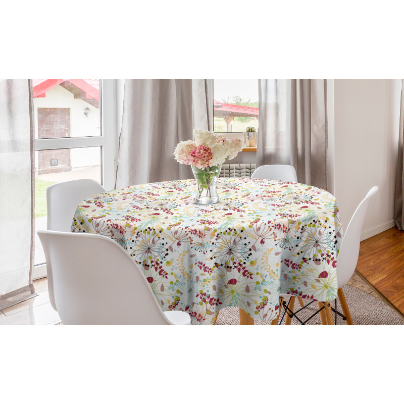 Floral Yuvarlak Masa Örtüsü Beyaz Fon Üzerinde Rengarenk Yapraklı Desen