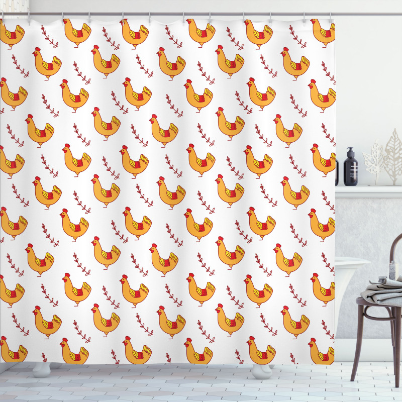 Doodle Chickens and Branches Shower Curtain