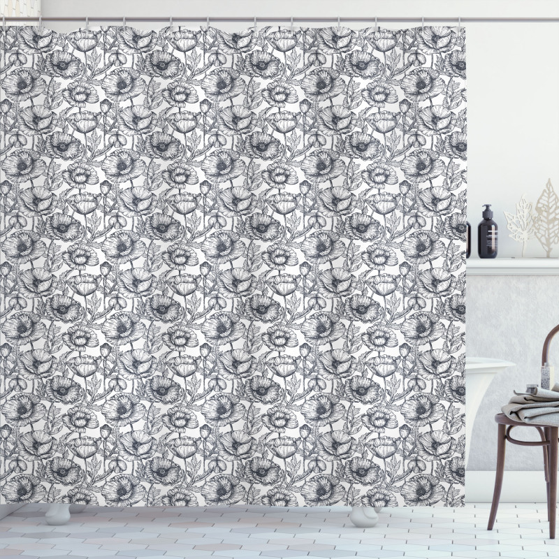 Monochrome Poppy Sketch Art Shower Curtain