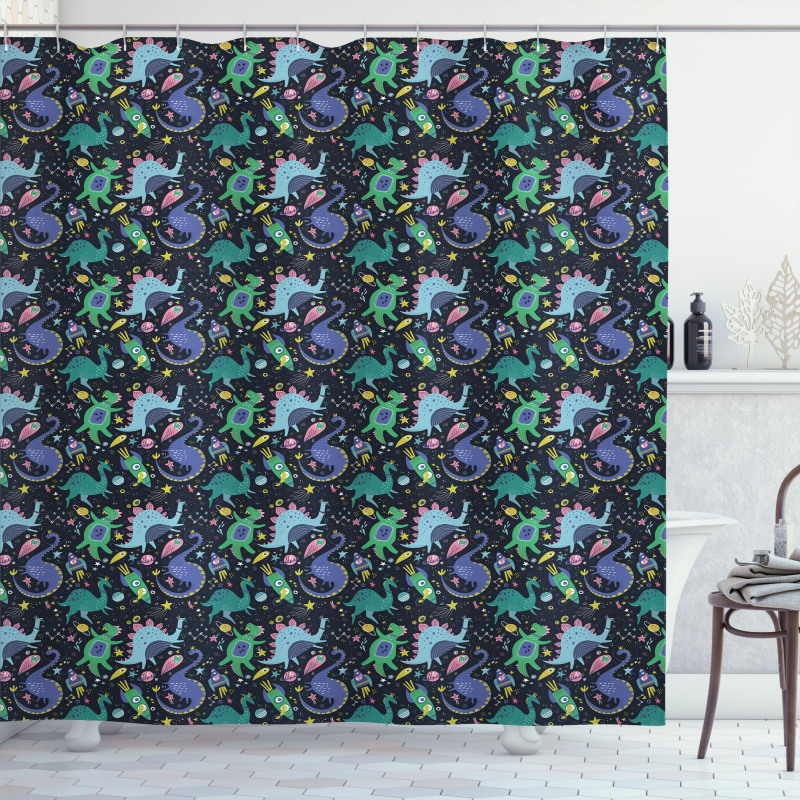 Space Themed Dinos Planets Shower Curtain