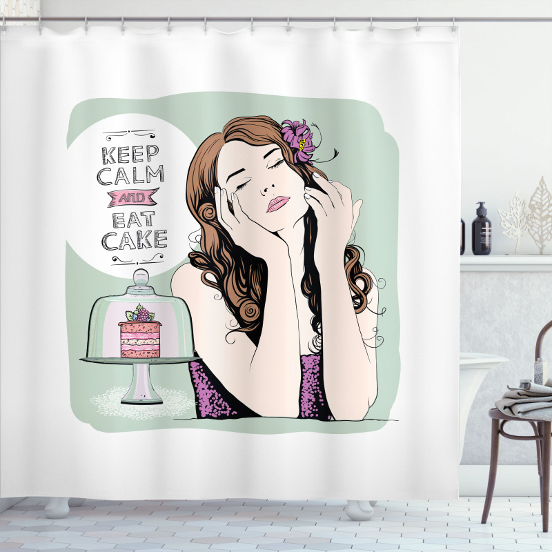 Eat Cake Text and Woman Shower Curtain