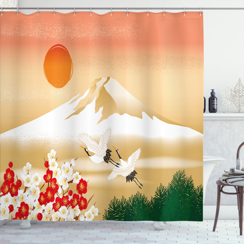 Japanese Landscape and Birds Shower Curtain