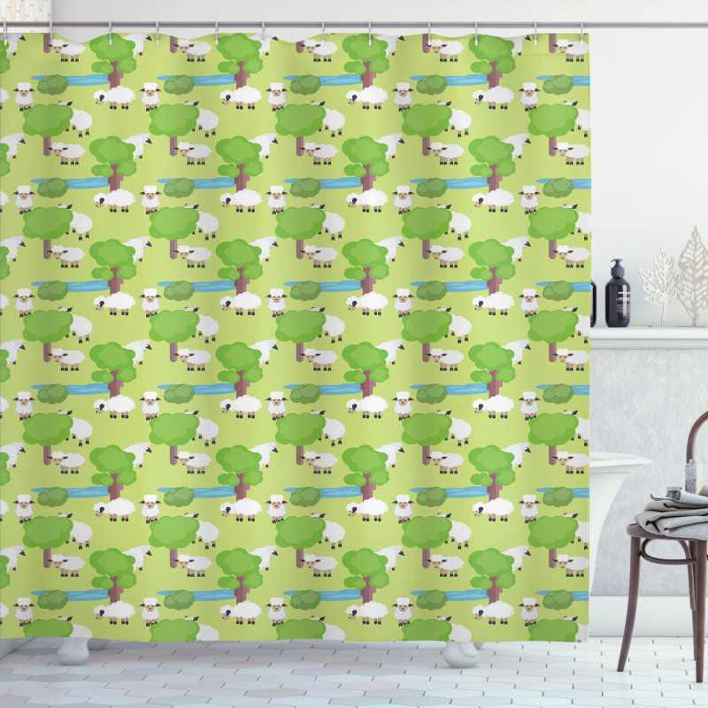 Cartoon Sheep in Forest Shower Curtain