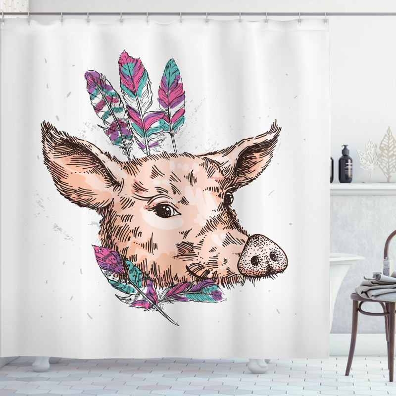 Pig Portrait Feathers Shower Curtain