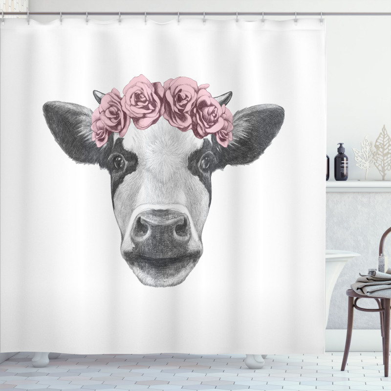 Cow with Roses Wreath Shower Curtain