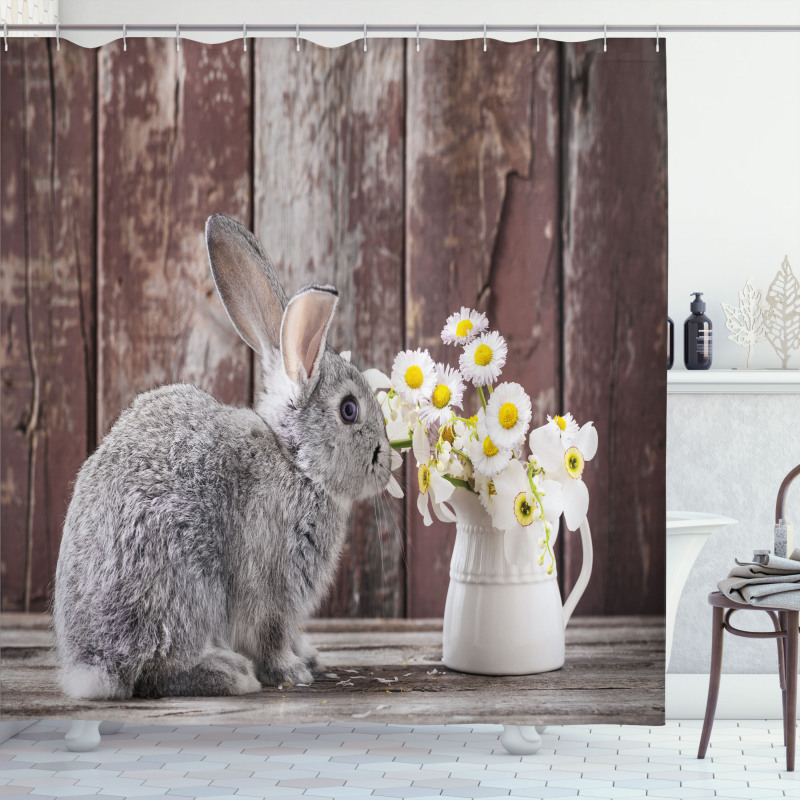 Rabbit Daisy Wooden Shower Curtain