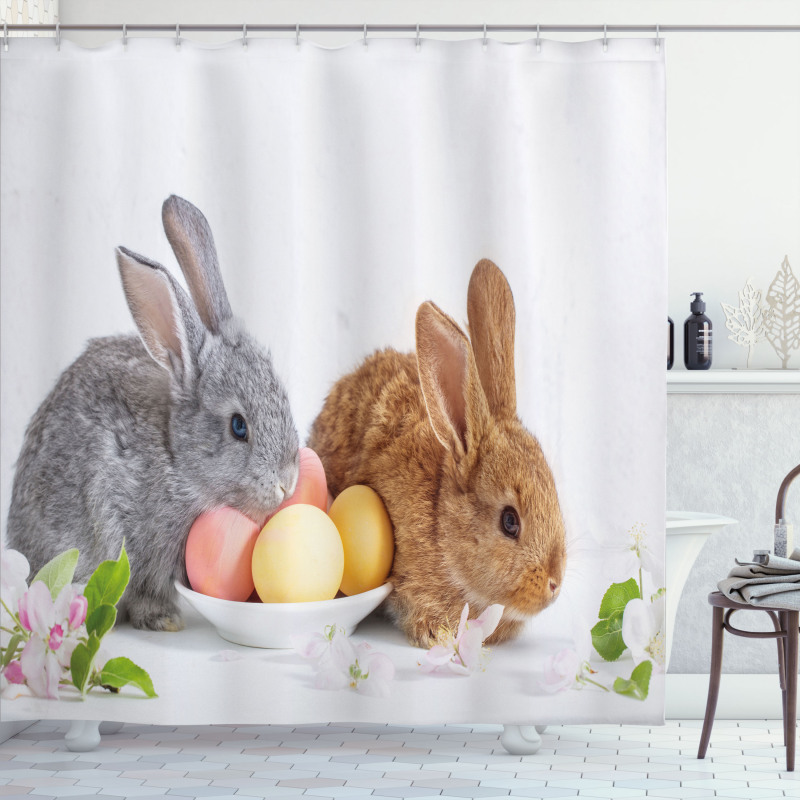 2 Rabbits with Eggs Shower Curtain