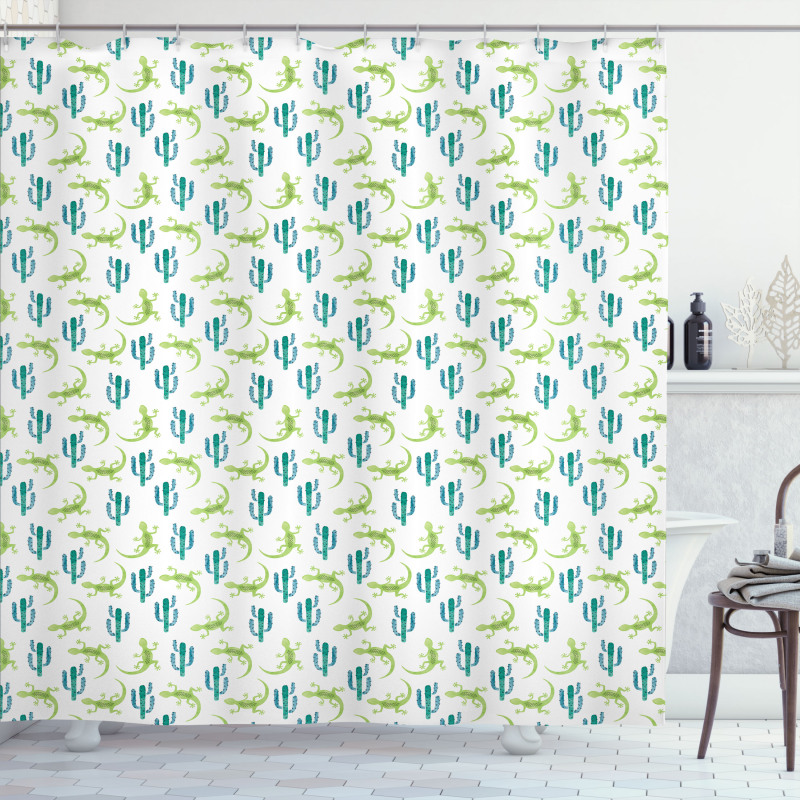 Watercolor Lizards and Cacti Shower Curtain