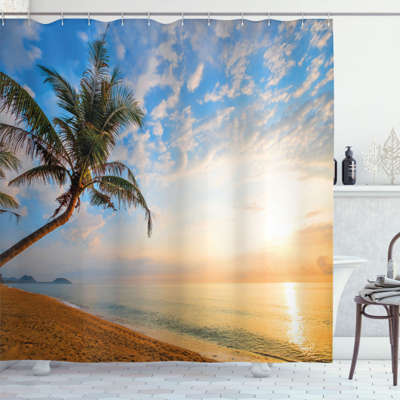 Exotic Sandy Beach Palm Tree Shower Curtain