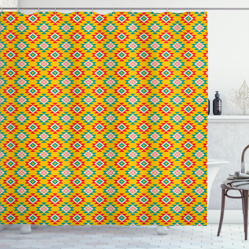 Geometrik Duş Perdesi Zikzaklı Kilim Desenli